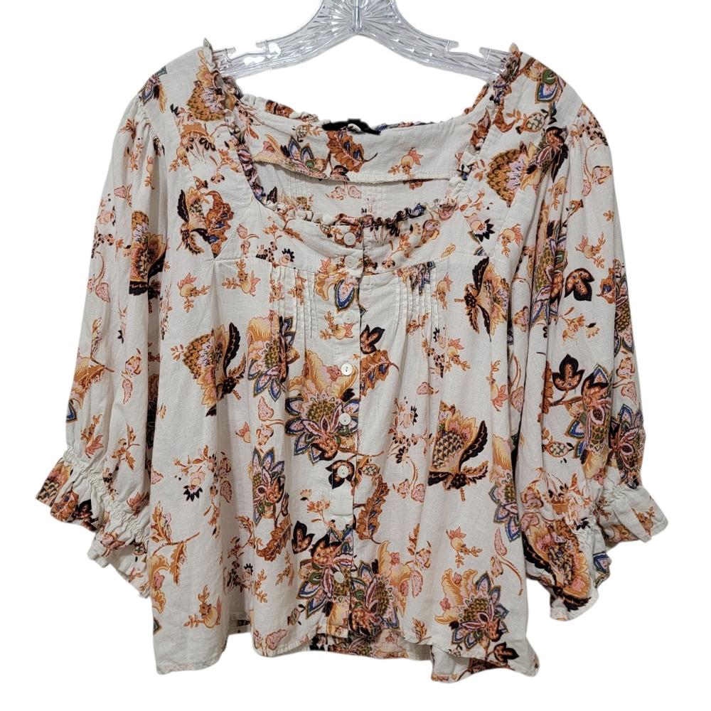 Rachel Roy | Linen Blend Floral Paisley Button Front Ruffle Boho Peasant Top